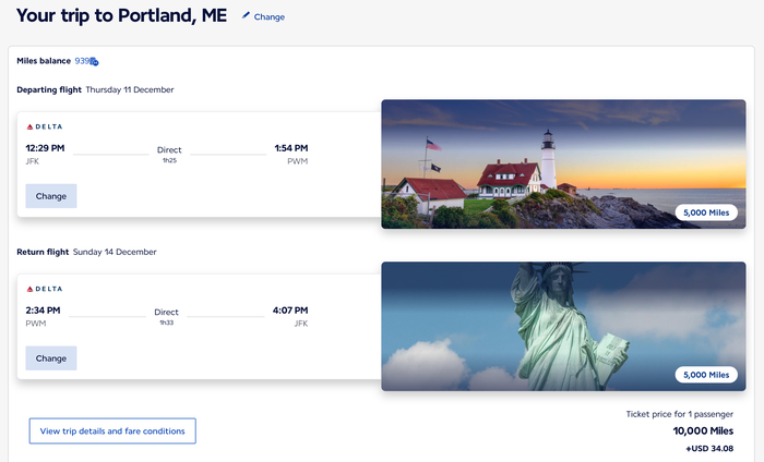 New York to Portland Maine Award Ticket on the Flying Blue Website