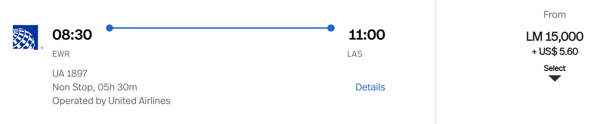 Newark to Las Vegas LifeMiles Award Ticket