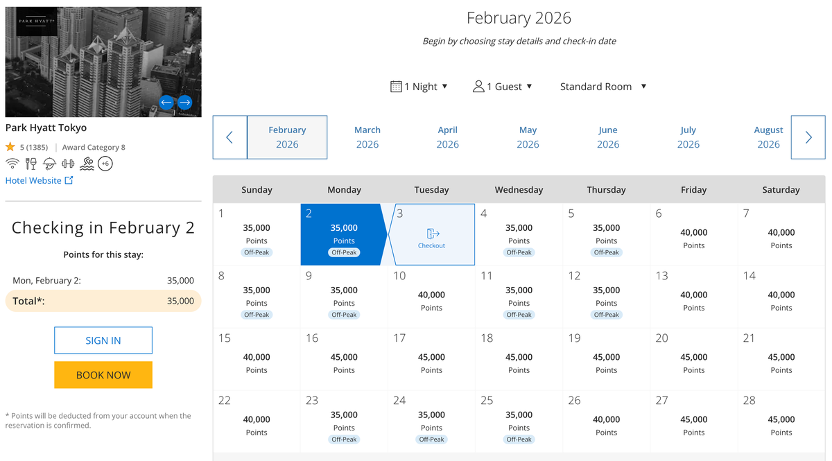 Park Hyatt Tokyo availability February 2026