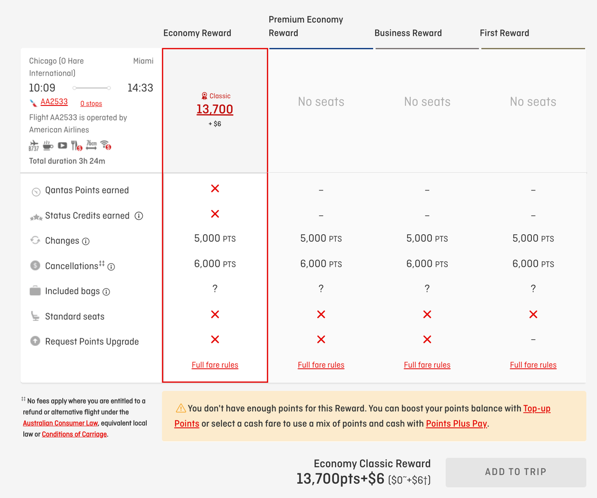 Qantas Award Flight from Chicago to Miami