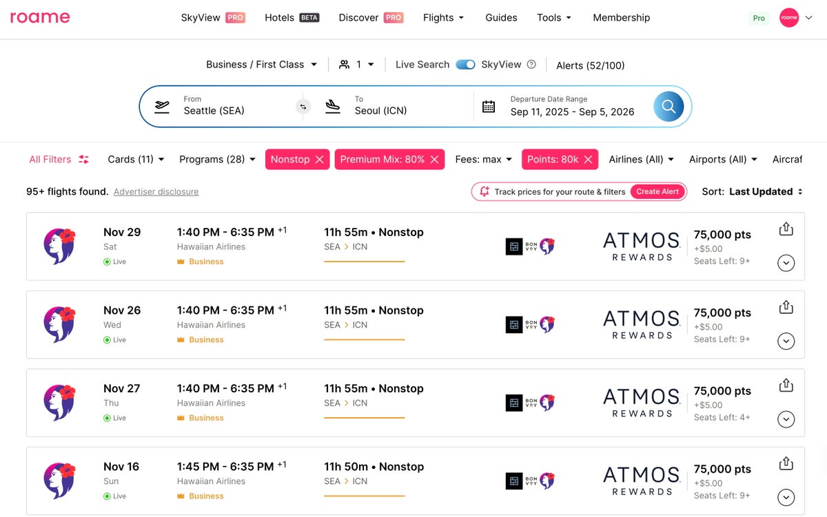Roame.Travel award availability SEA-ICN September 2025