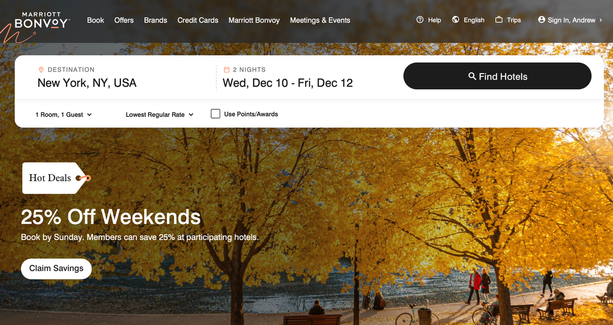 Searching for a hotel on Marriotts website