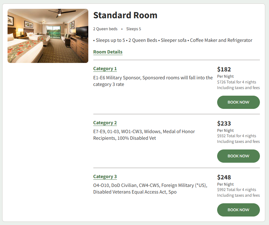 Shades of Green Disney World standard room rates