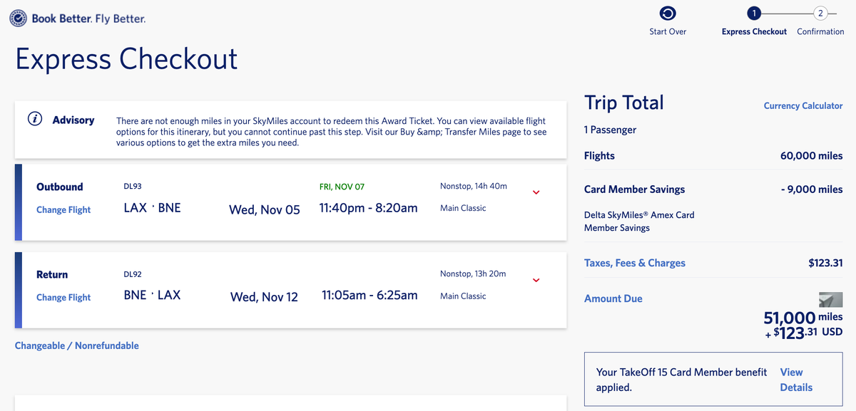 SkyMiles award sale cardholder discount LAX BNE