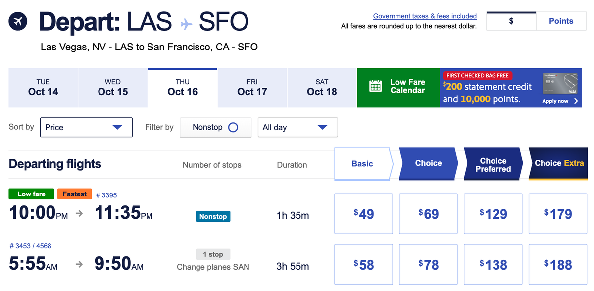 Southwest LAS SFO 49 fare example