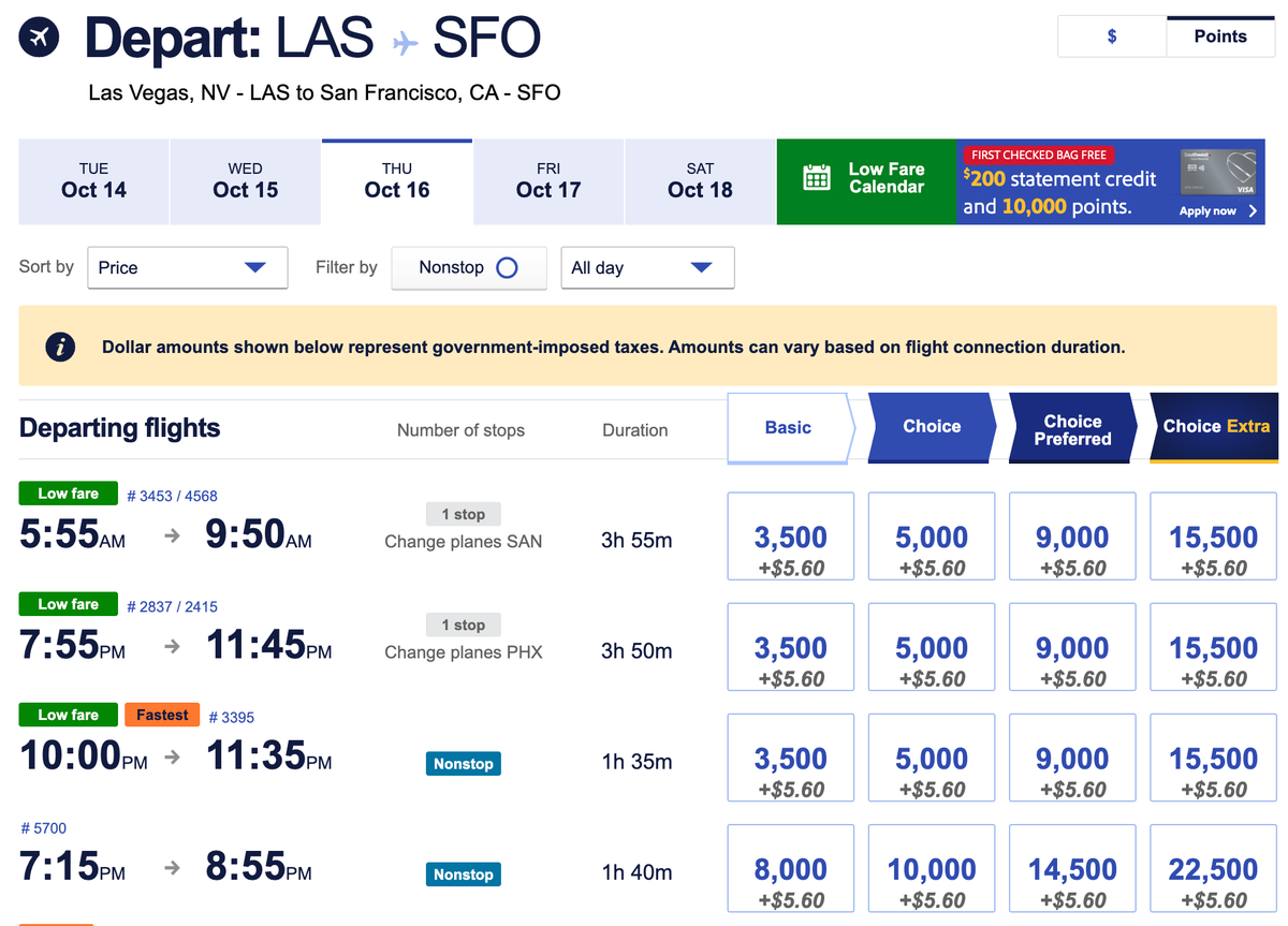 Southwest LAS SFO points fare example