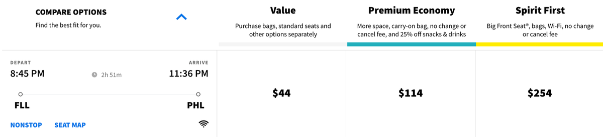 Spirit Airlines 44 fare FLL PHL