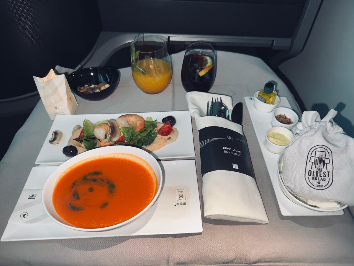Turkish Airlines business class soup and cocktail