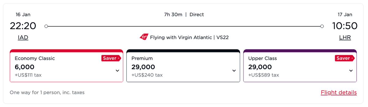 Virgin Atlantic Upper Class 29k award IAD LHR