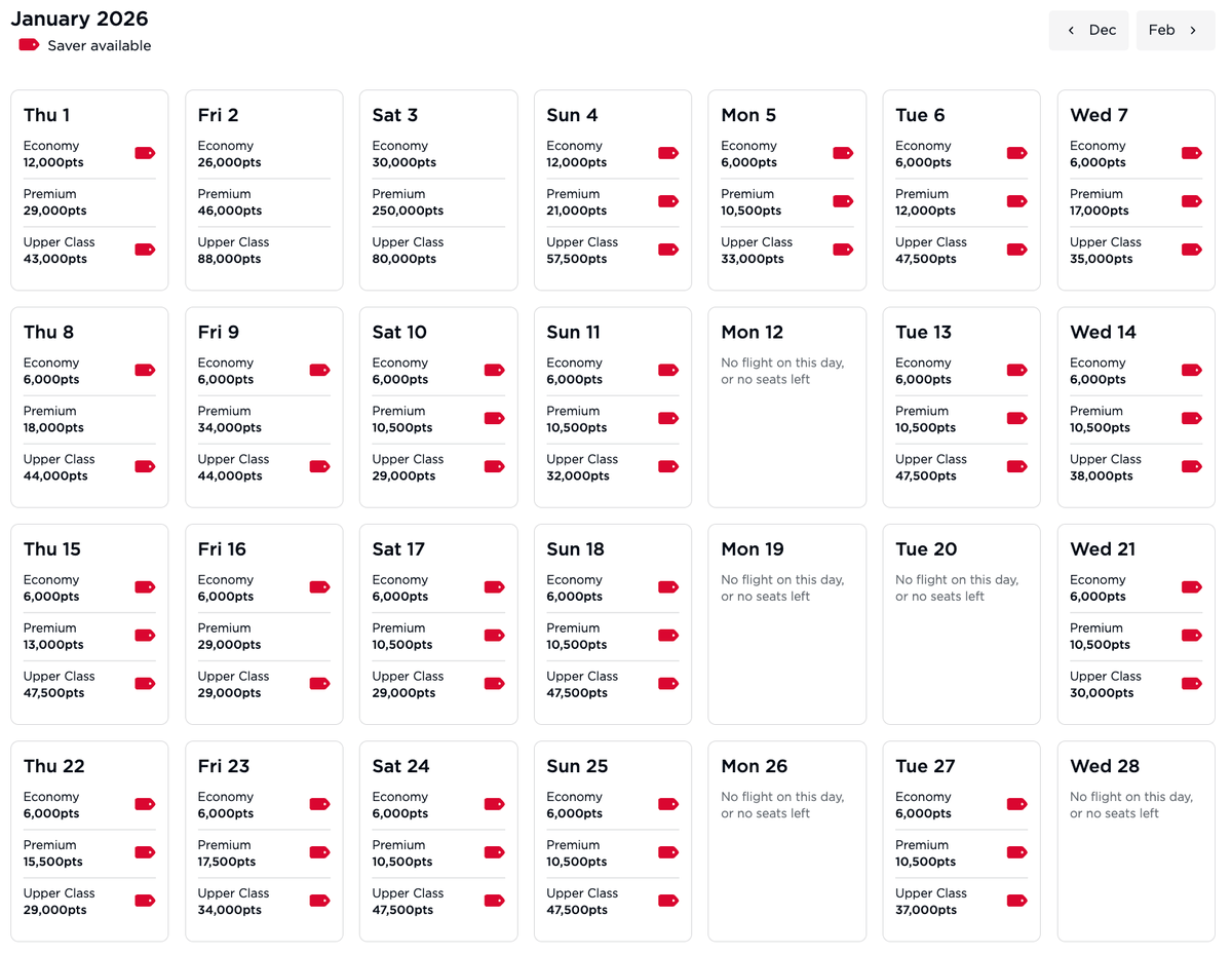 Virgin Atlantic award calendar IAD LHR Jan 2026