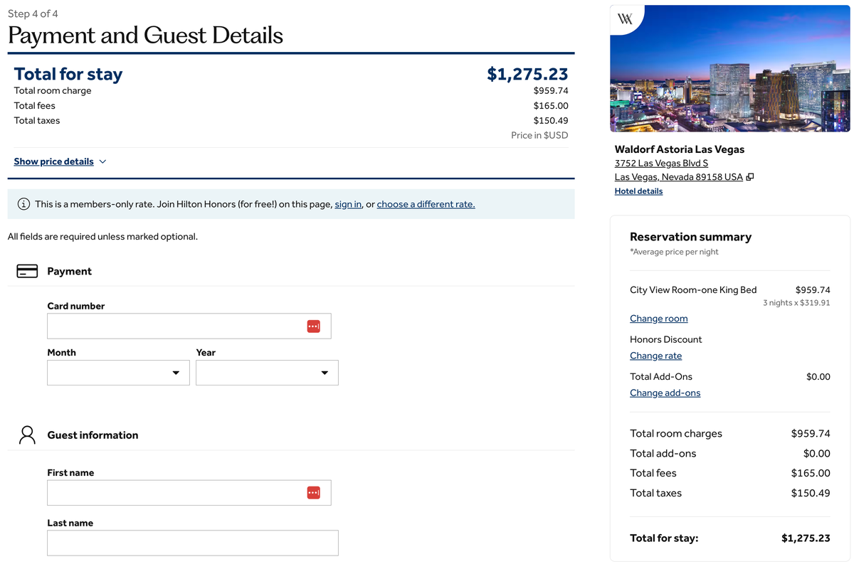 Waldorf Astoria Las Vegas sample 3 night cash rate