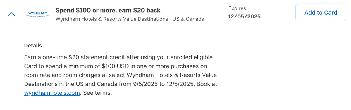 Wyndham Amex Offer 20 back September 2025