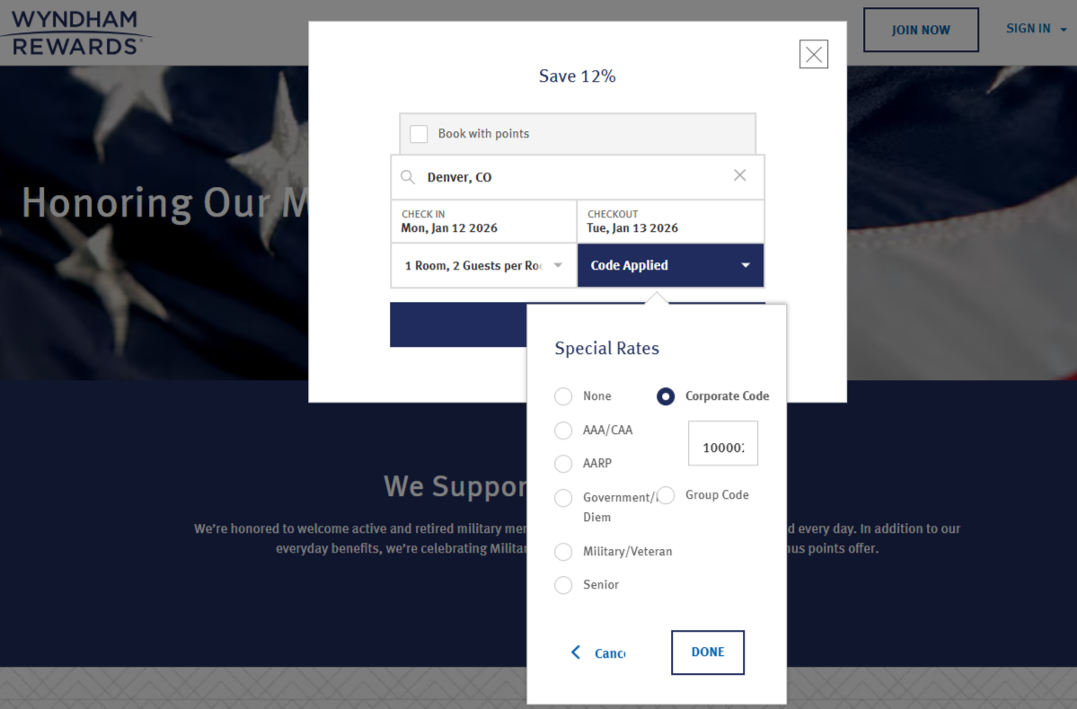Wyndham military rate search