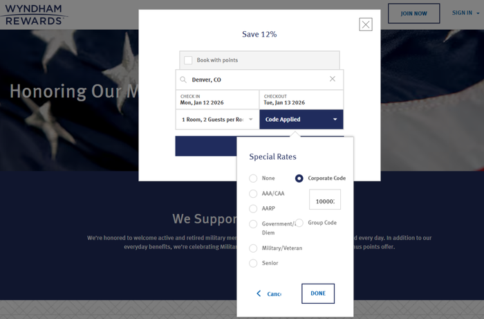 Wyndham military rate search