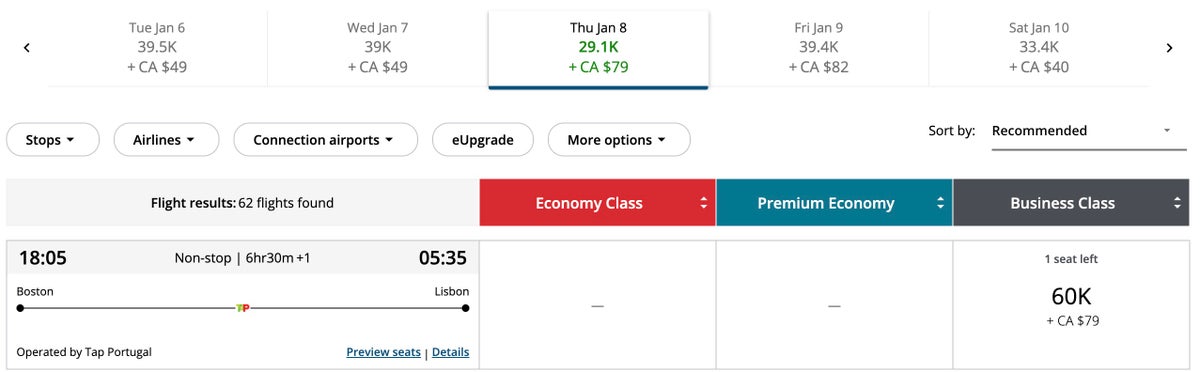 Aeroplan award to Portugual