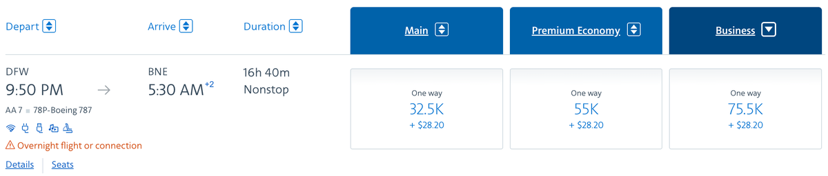 AA award 75.5k DFW BNE