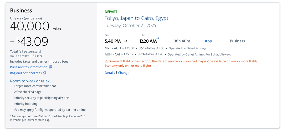 AAdvantage booking Tokyo to Cairo 40k