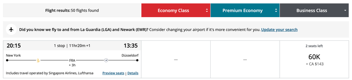 Aeroplan Award Itinerary from New York to Dusseldorf Aeroplan Award Itinerary from New York to Dusseldorf
