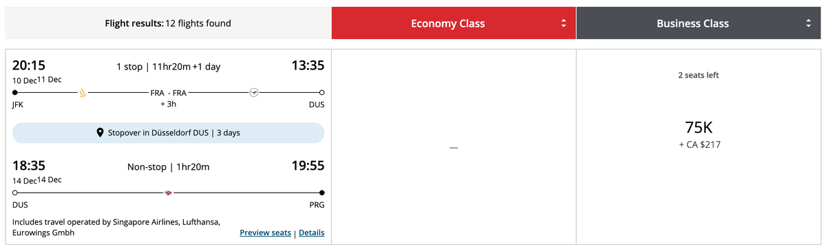 Aeroplan Itinerary from New York to Prague with a stopover in Dusseldorf Aeroplan Itinerary from New York to Prague with a stopover in Dusseldorf