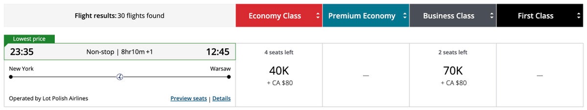 Aeroplan redemption JFK WAW LOT business Aeroplan LOT award