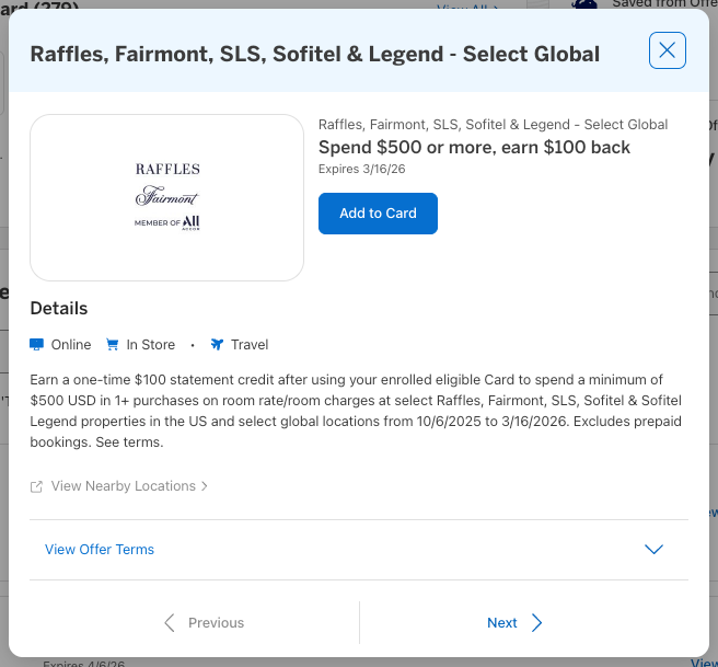 Amex Offer Accor luxury brands October 2025