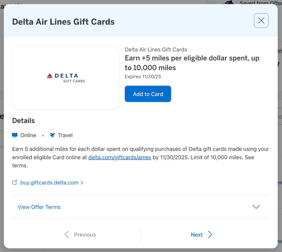 Amex Offer Delta Gift Cards October 2025