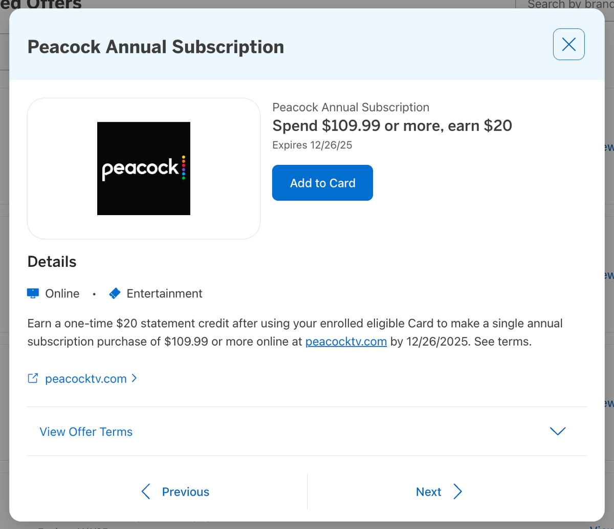 Amex Offer Peacock 20 rebate