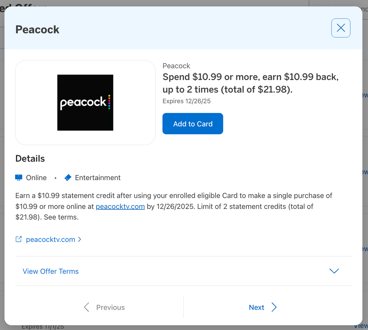 Amex Offer Peacock 21.98 rebate