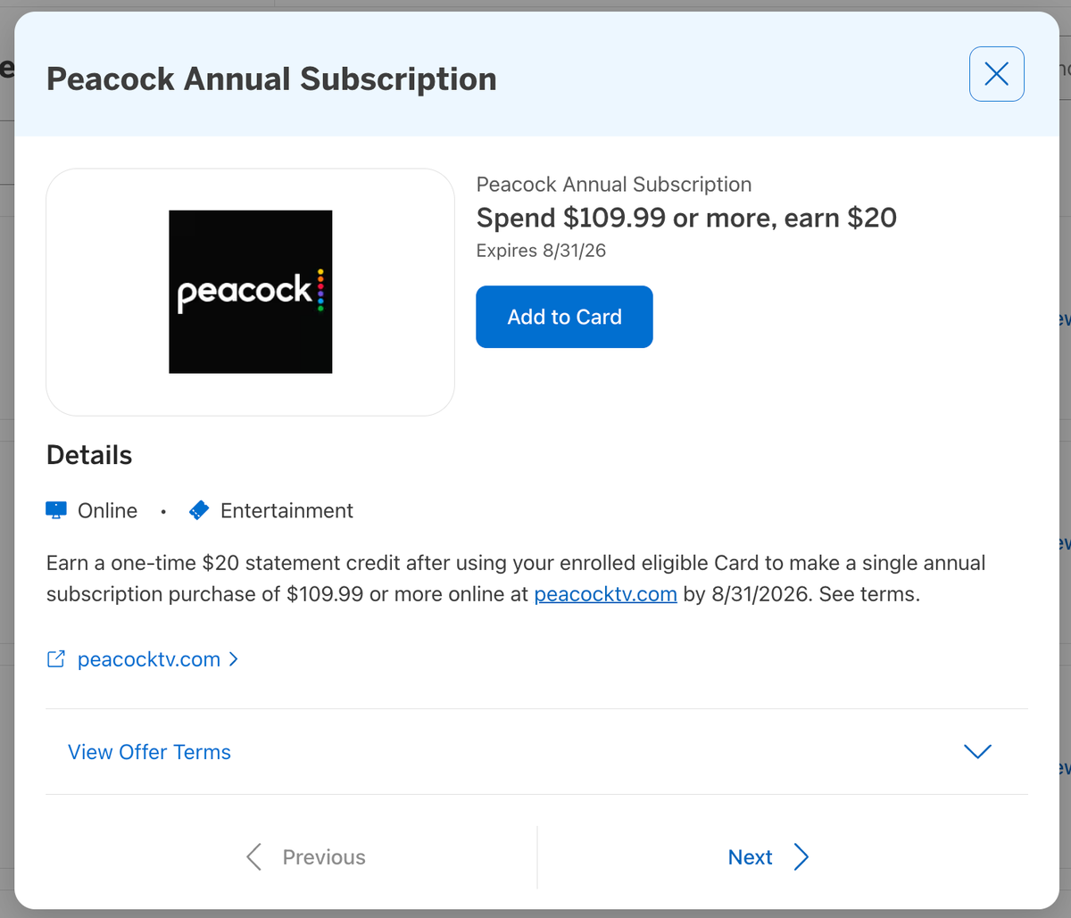 Amex Offer Peacock May 2026