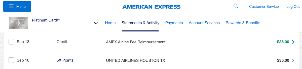 Amex Platinum airline fee reimbursement