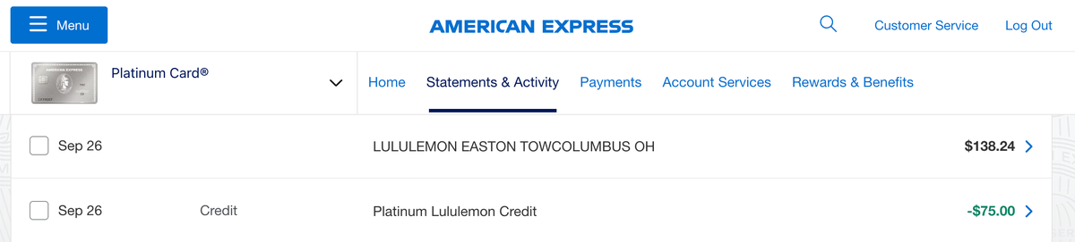 Amex Platinum lululemon statement credit Amex Platinum lululemon statement credit