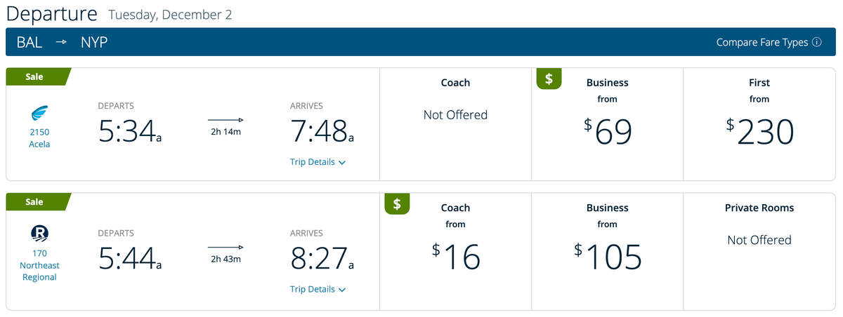 Amtrak Baltimore NYC fall fare sale one way