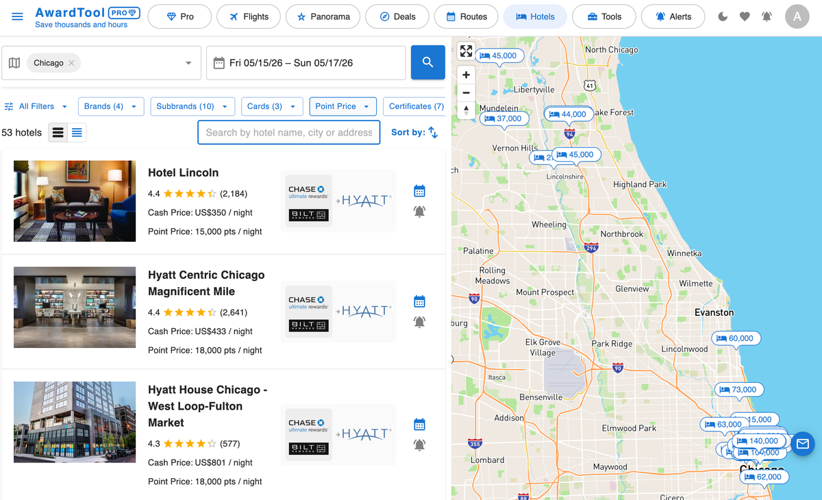 Award Tool Hotel Search Results