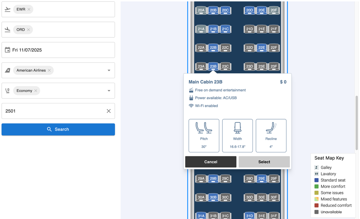 Award Tool Seat Map For An American Airlines Flight