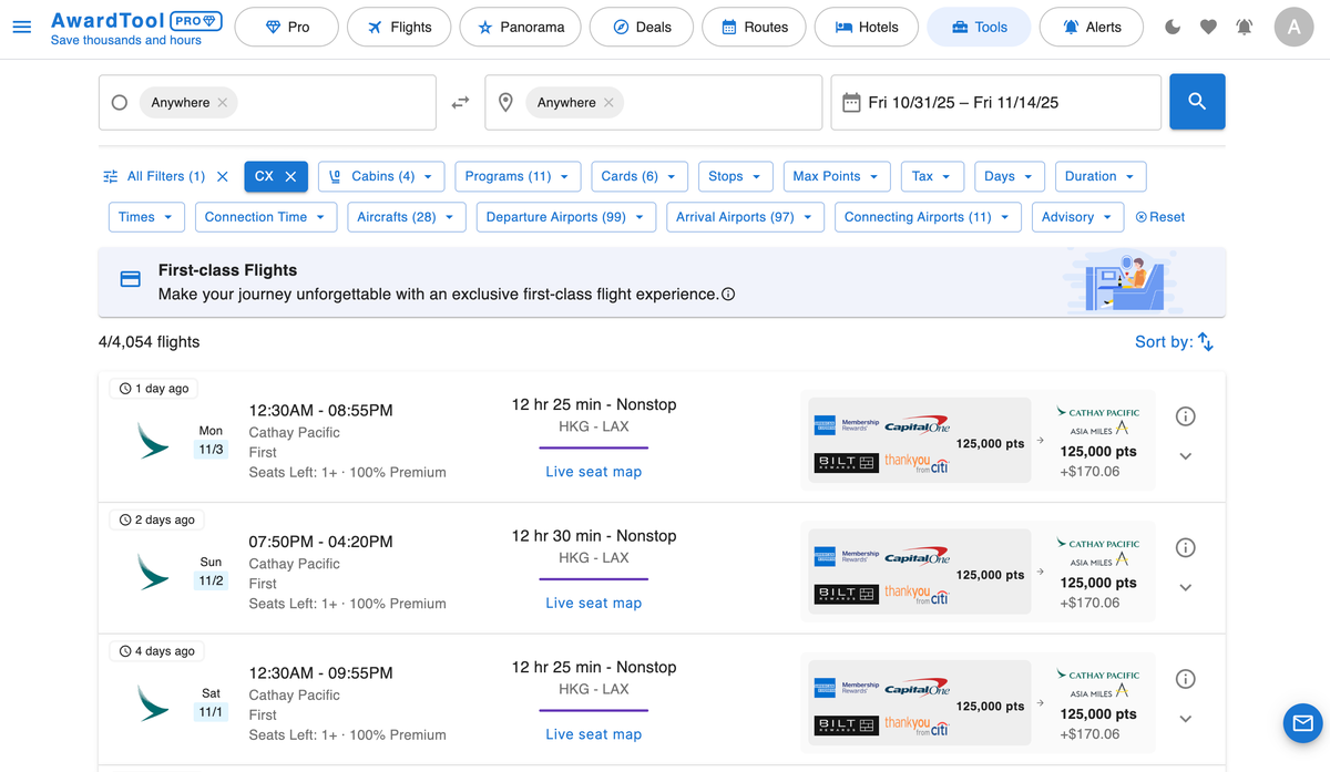 Award Tools Cathay Pacific First Class Tool