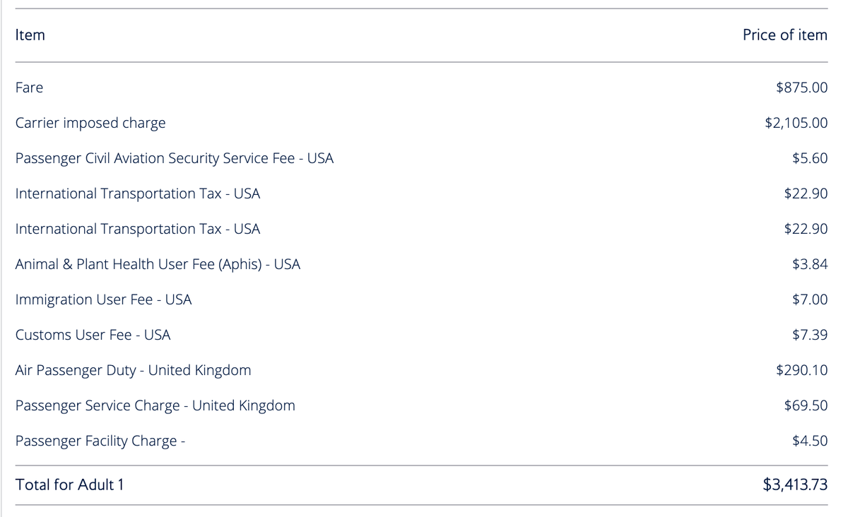 BA New York to London fare breakdown