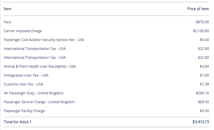 BA New York to London fare breakdown