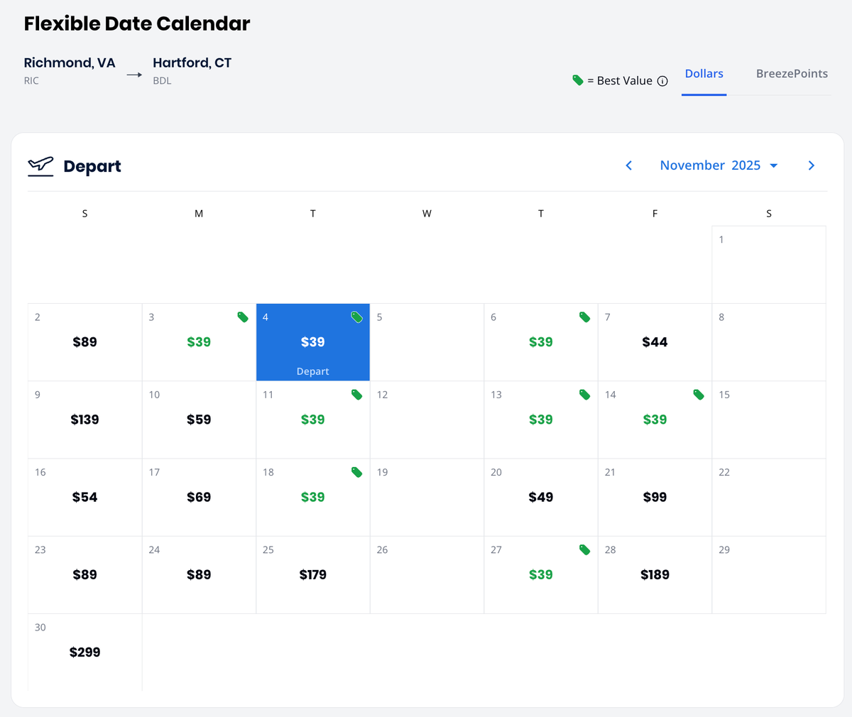 Breeze 39 fare calendar RIC BDL November 2025