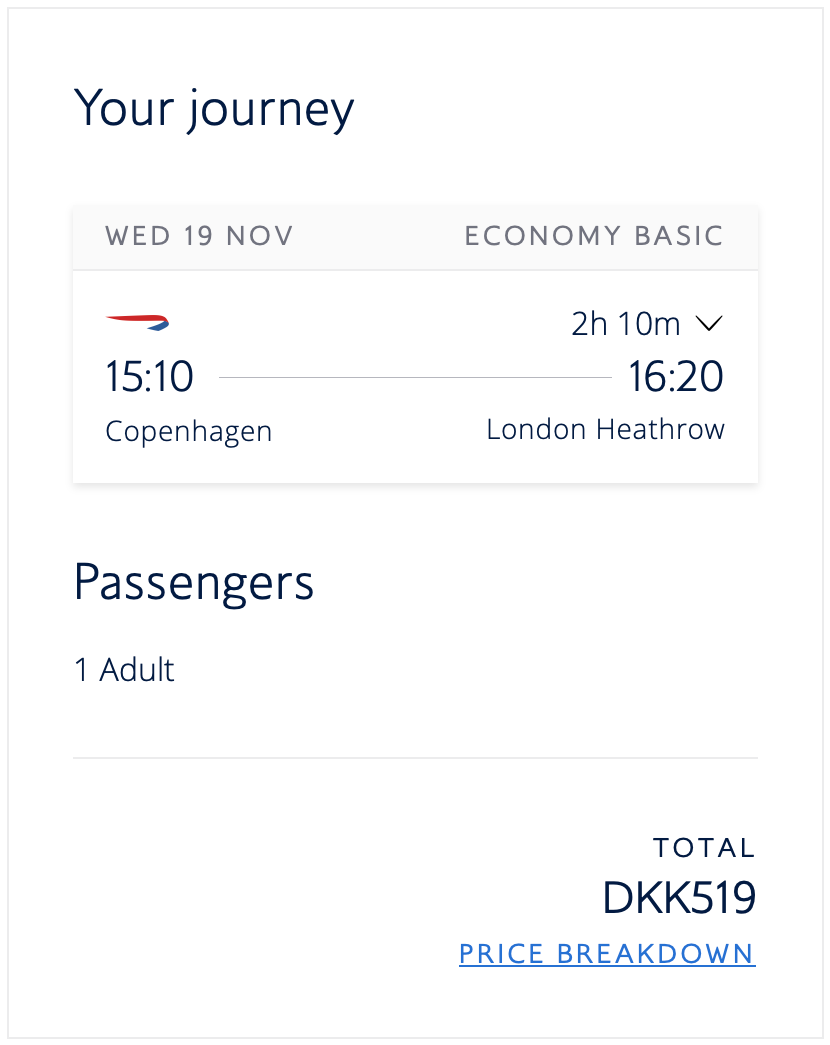 British Airways Itinerary from Copenhagen to London Heathrow