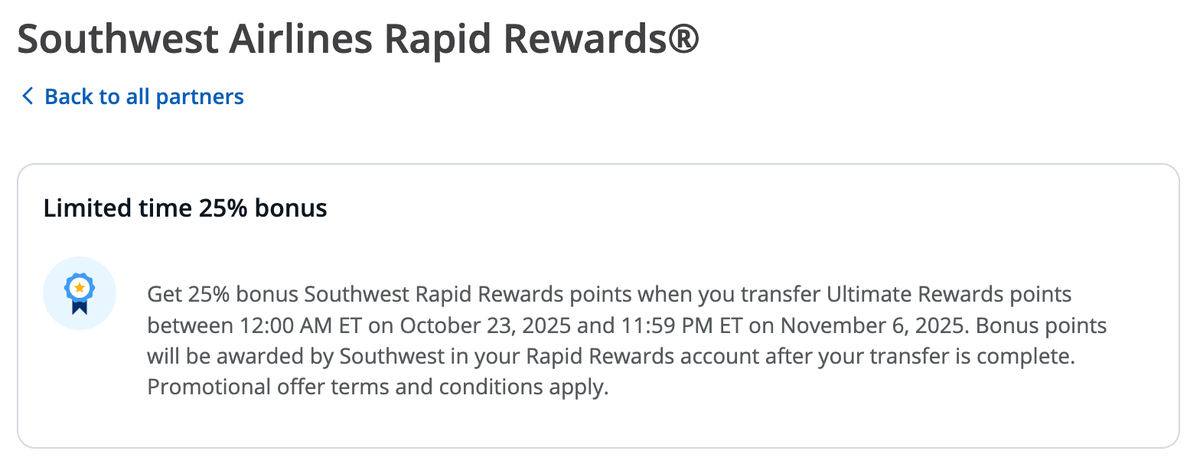Chase Southwest 25 transfer bonus October 2025