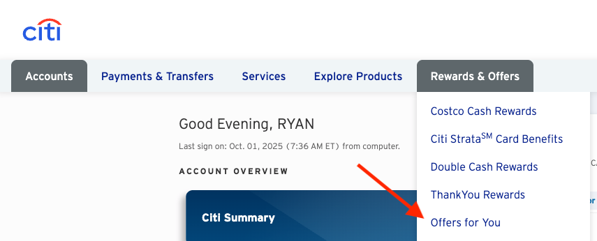 Citi Merchant Offers menu option