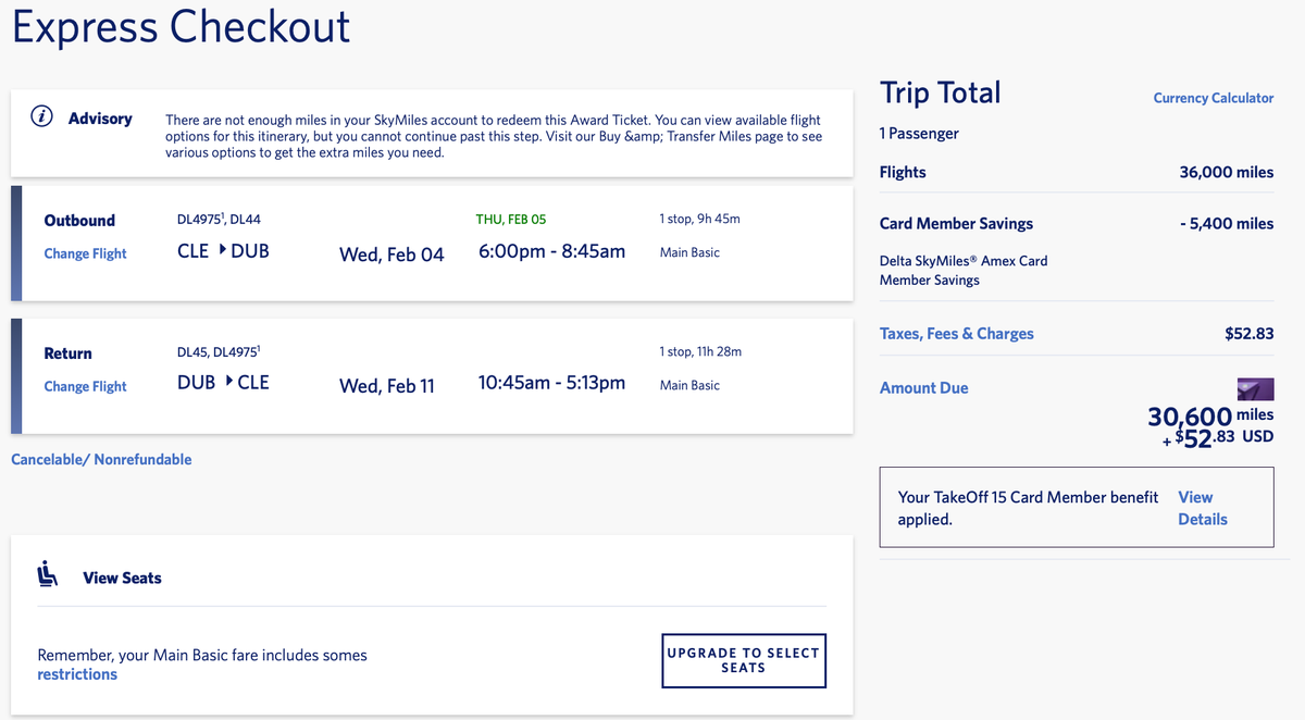 Cleveland to Dublin Delta Award Itinerary