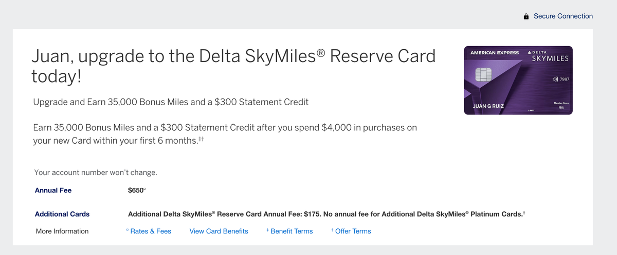 Delta SkyMiles Reserve Card Offer Upgrade