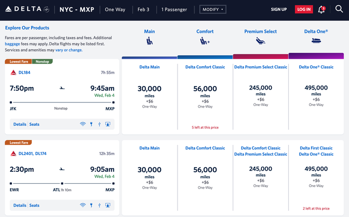 Delta SkyMiles prices to Milan for Olympics