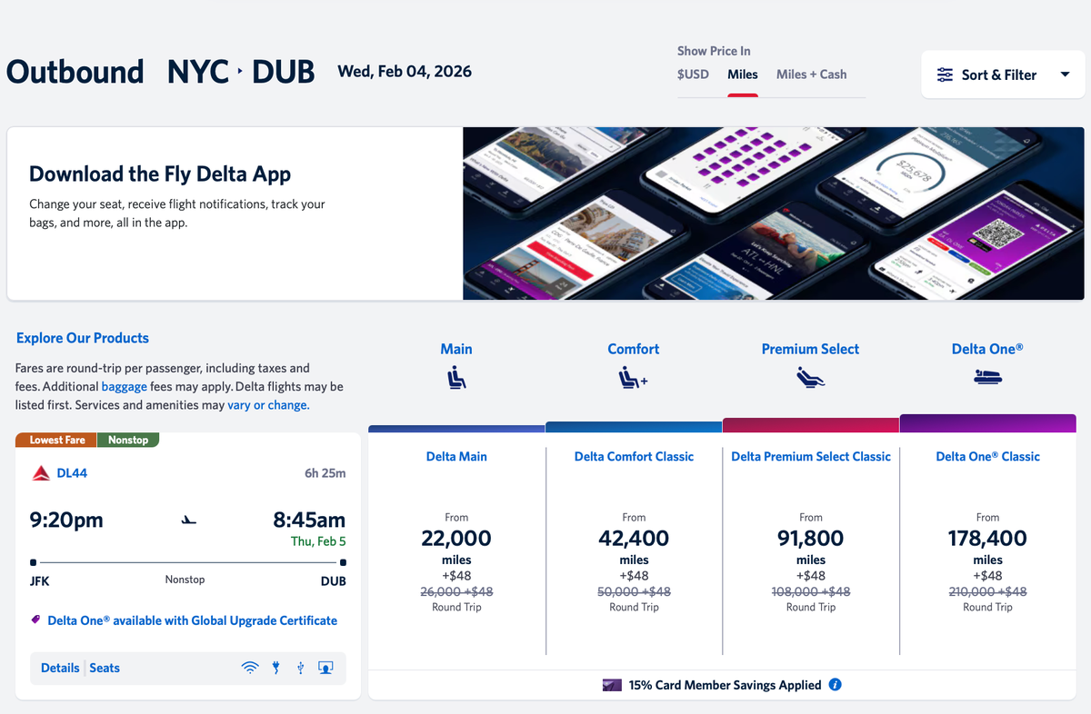 Delta award flight from New York to Dublin