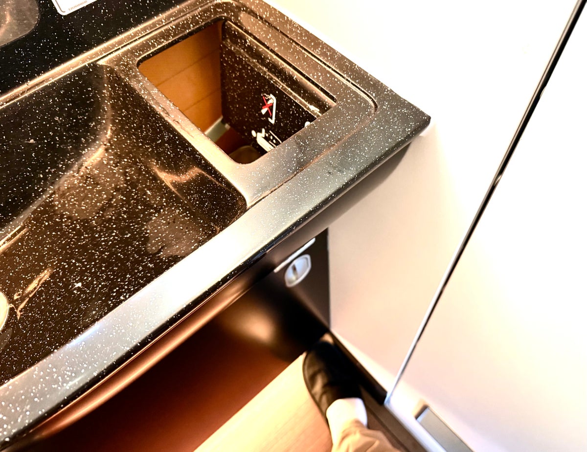 Etihad Airbus A321LR business class hands free trash Etihad Airbus A321LR business class hands free trash