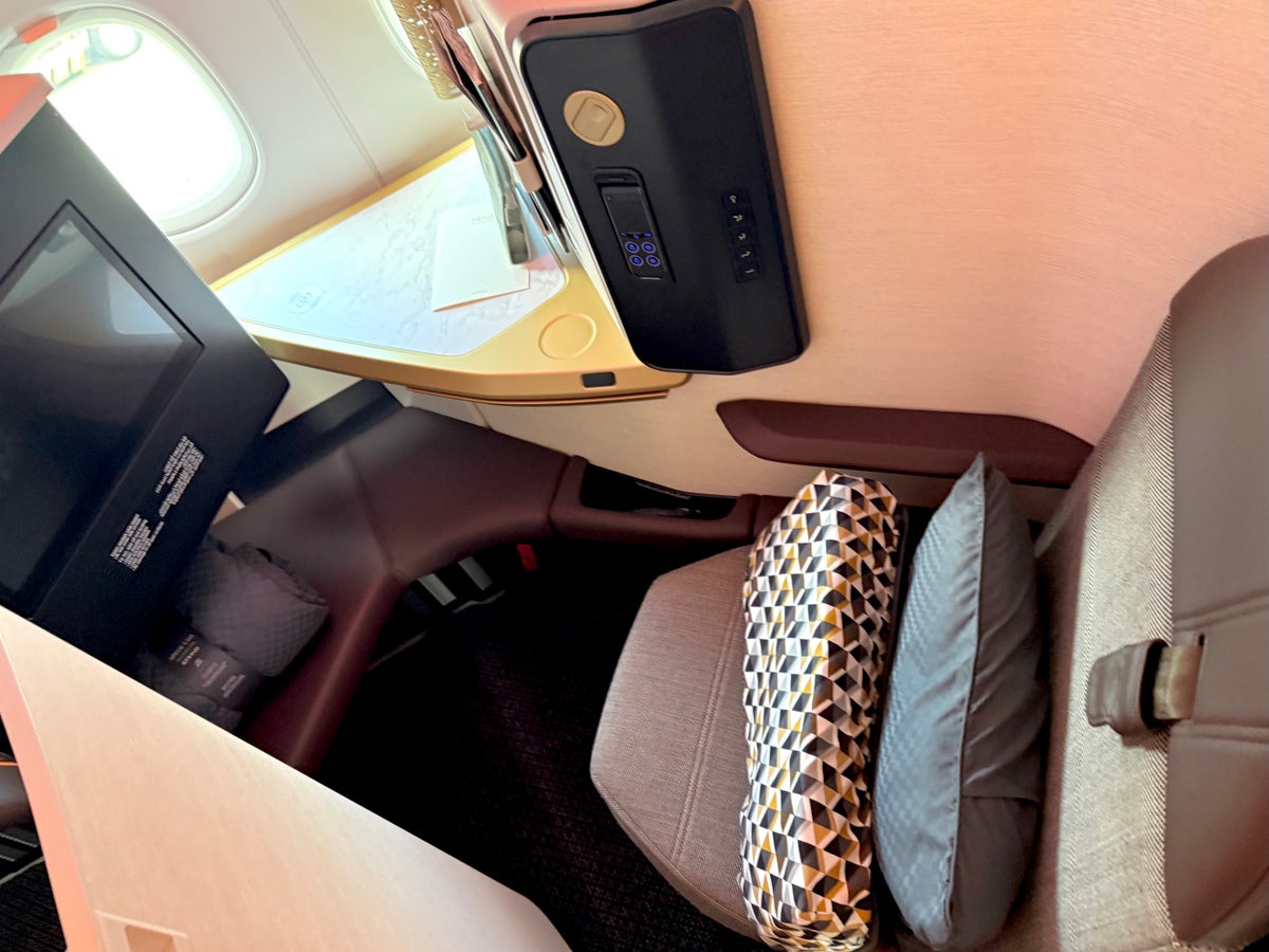 Etihad Airbus A321LR business class seat at boarding Etihad Airbus A321LR business class seat at boarding