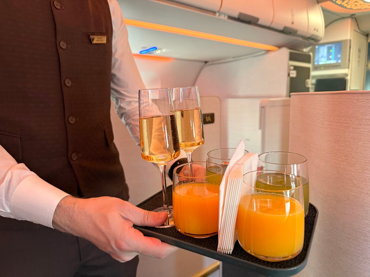 Etihad Airbus A321LR business class welcome drink Etihad Airbus A321LR business class welcome drink