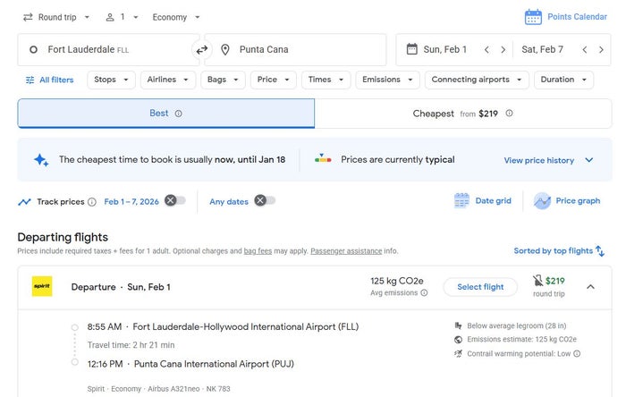Google Flights Spririt FLL to Punta Cana
