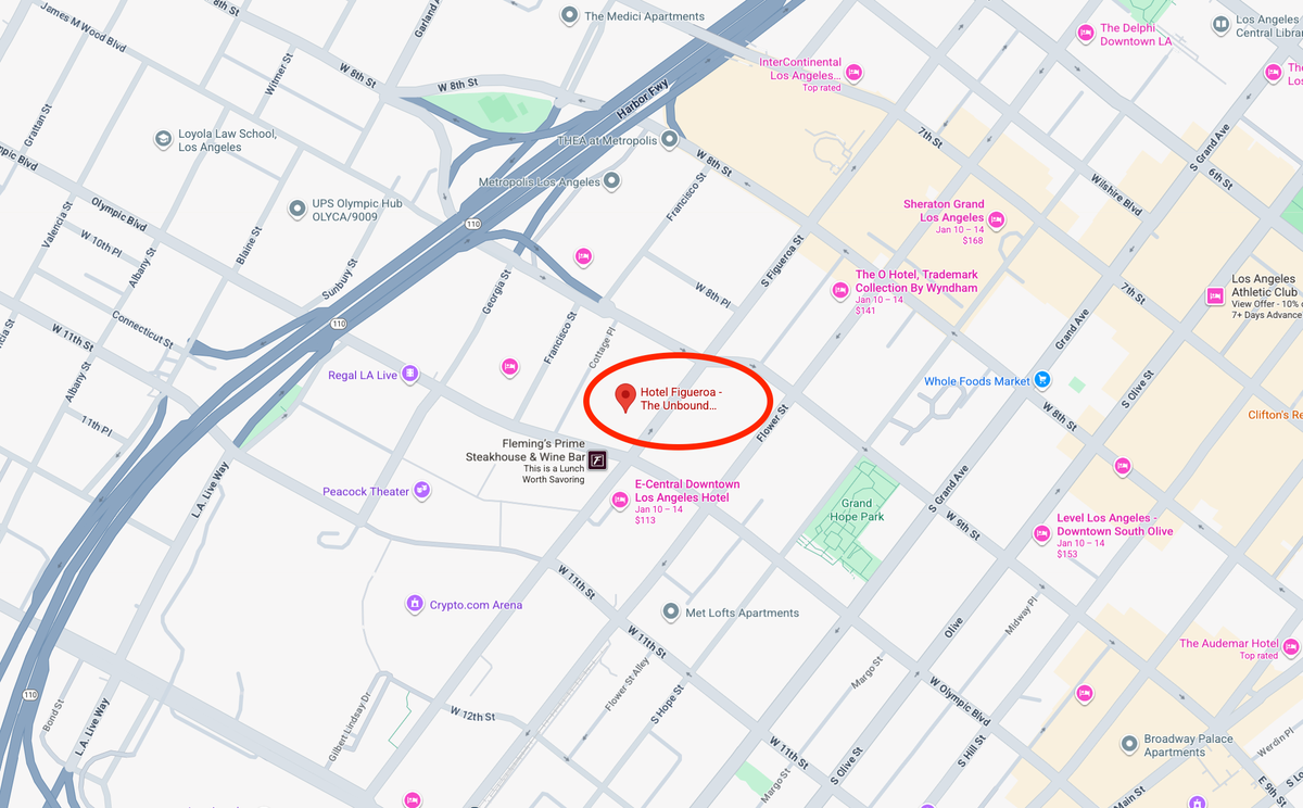 Hotel Figueroa Los Angeles location Google Maps 1